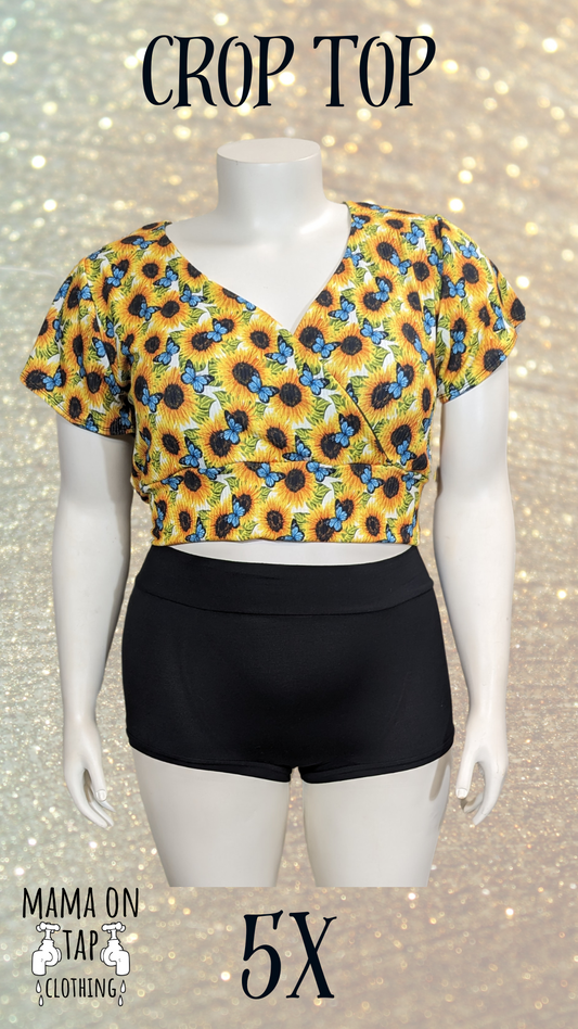 5X- Sunflower and Butterfly Crossover Short Sleeve Crop Top