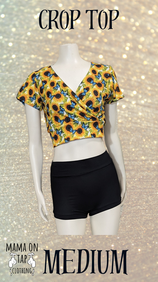 Medium - Sunflower and Butterfly Crossover Short Sleeve Crop Top