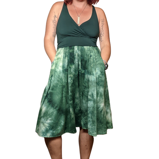 X-Small - Knee Length Romper - 25 in - Crossover Tank - Hunter Green Top Bomber Green Tie Dye Bottom - Ready to Ship