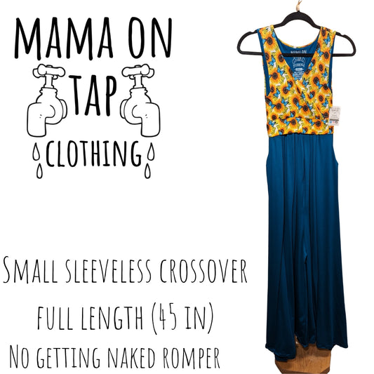 Small - Full Length Romper - 45 in - Crossover Sleeveless - Sunflowers w/Butterflies Top Dark Teal Bottom - Ready to Ship