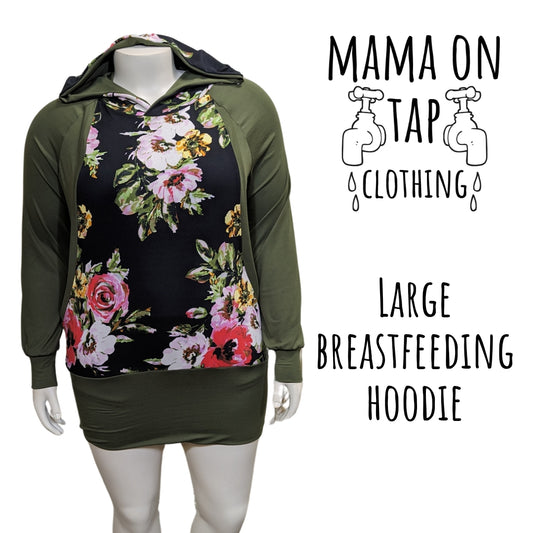 Large - Breastfeeding Hoodie - Coral Gaia Floral and Olive Green - Ready to Ship