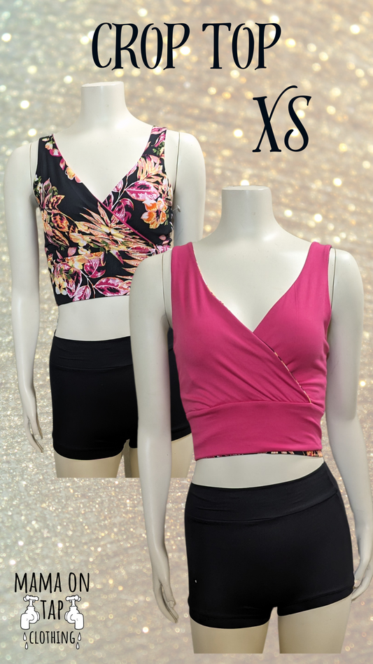 X-Small - Reversible Crop Top - Crossover Tank Straightback - Pinkie Orange Floral/Bubblegum Pink -  Clearance