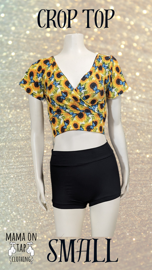 Small- Sunflower and Butterfly Crossover Short Sleeve Crop Top