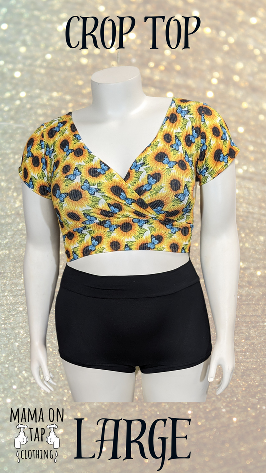 Large- Sunflower and Butterfly Crossover Short Sleeve Crop Top