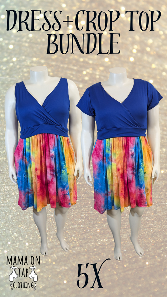 5X-Large - Royal Blue and Rainbow Tie Dye Tank Crossover Knee Length Dress and Royal Blue Short Sleeve Crossover Crop Top Bundle