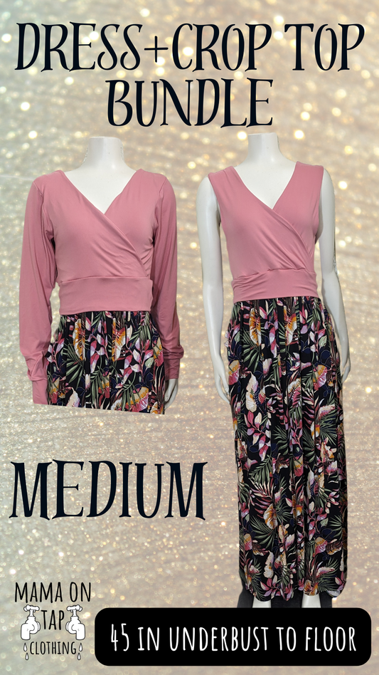 Medium - Mauve and Bahama Mama Floral Crossover Sleeveless Maxi Dress and Mauve Long Sleeve Crop Top Bundle