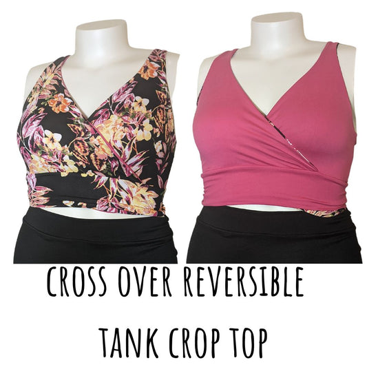 Small- Reversible Crop Top - Crossover Tank Straightback - Pinkie Orange Floral/Bubblegum Pink -  Ready to Ship