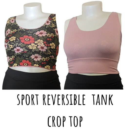 X-Small - Reversible Crop Top - Sport Tank Straightback - Groovy Floral/Dusty Pink -  Ready to Ship