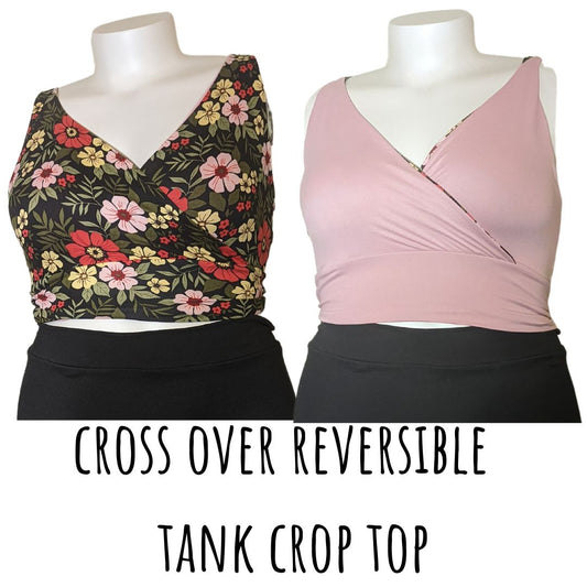 Small - Reversible Crop Top - Crossover Tank Straightback - Groovy Floral/Dusty Pink -  Ready to Ship